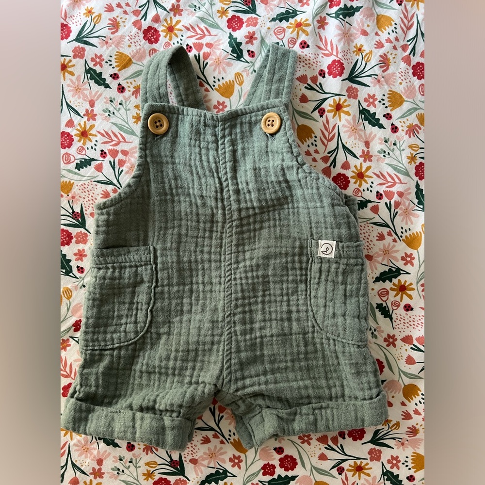 Sage green muslin short overalls